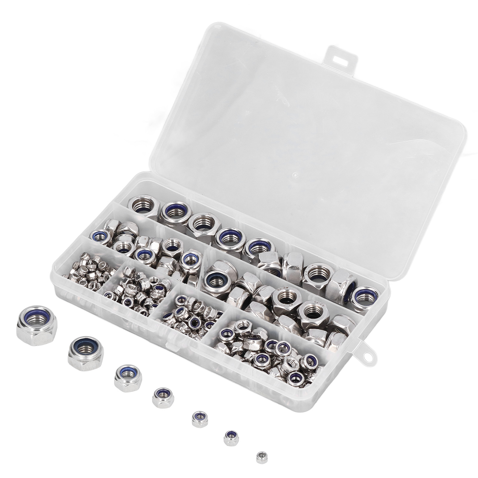 Selbstsichernde Nylon-edelstahlmuttern M3 M4 M5 M6 M8 M10 M12, Packung Mit 215 Stück, Sechskantsortiment Mit Nyloneinsatz, Hochleistungsschrauben.