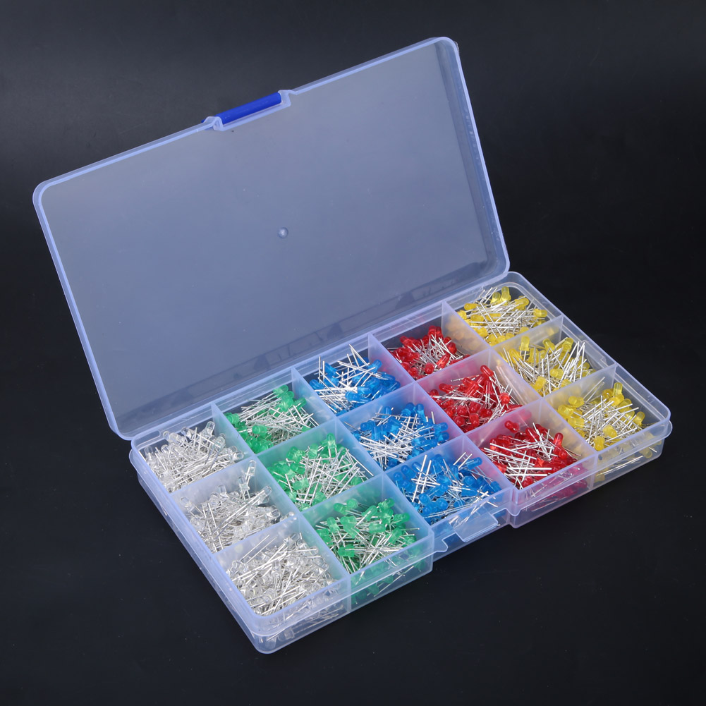 Packung Mit 1000 Mehrfarbigen 3-mm-leds (rot/gelb/blau/grün/weiß) – Leuchtdiode, Inklusive Passender Aufbewahrungsbox