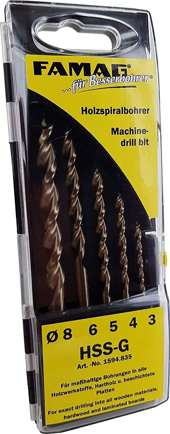 Famag Holzspiralbohrer Set 5-teilig Größe 4-10, HSS-G Bohrer