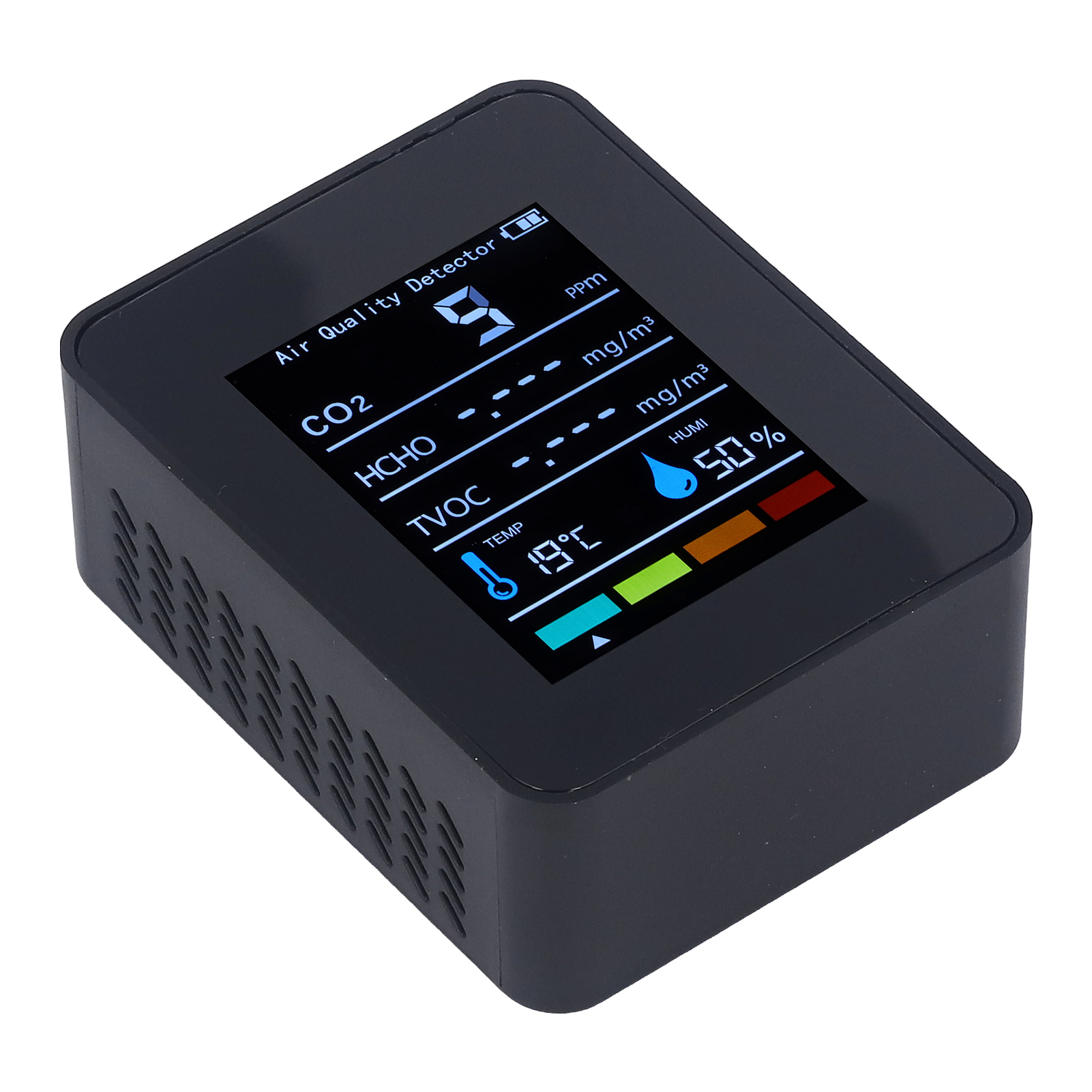 Schwarzes Lcd-lcd-display Zur Anzeige Von Co2, Tvoc, Hcho, Temperatur, Luftfeuchtigkeit Und Luftqualität
