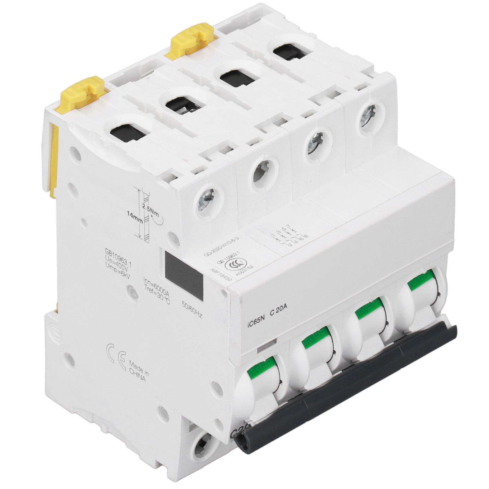 Miniatur-leistungsschalter 4p 20a C20, Pa66 Din-schiene, 400v Niederspannung, 6000a Abschaltvermögen