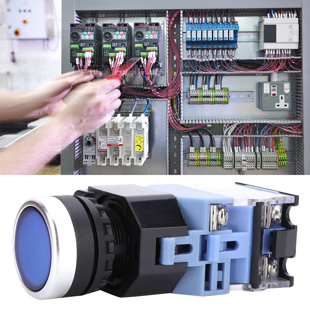 Packung Mit 10 Selbstverriegelnden Drucktastern Bem38-11ds, Flachkopf, Ac/dc 24 V, 1 Ein/1 Aus, Blaues Licht