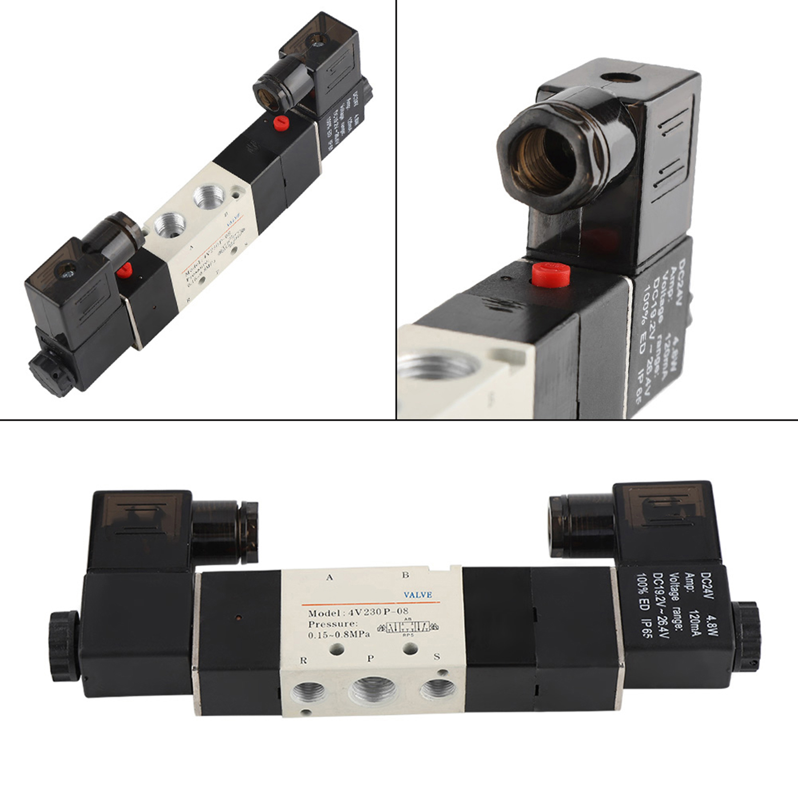24 V Dc 1/4" Bsp 3-wege-magnetventil, 5-polig, Normalerweise Geschlossen, Pneumatisch, 0,15–0,8 Mpa, 4v230-08p