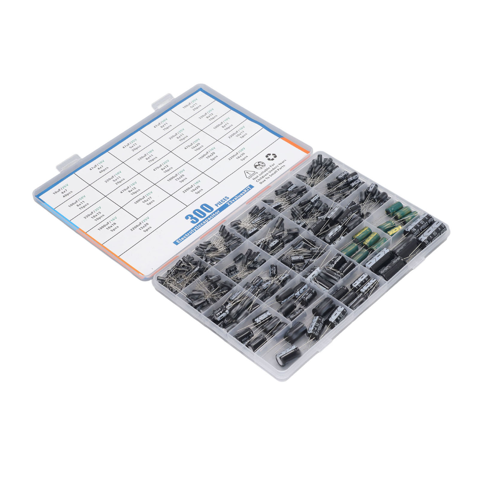 300-teiliges Set, 23 Werte, Radiale Aluminium-elektrolytkondensatoren, 10–2200 Μf, 10 V, 16 V, 25 V, 35 V, 50 V