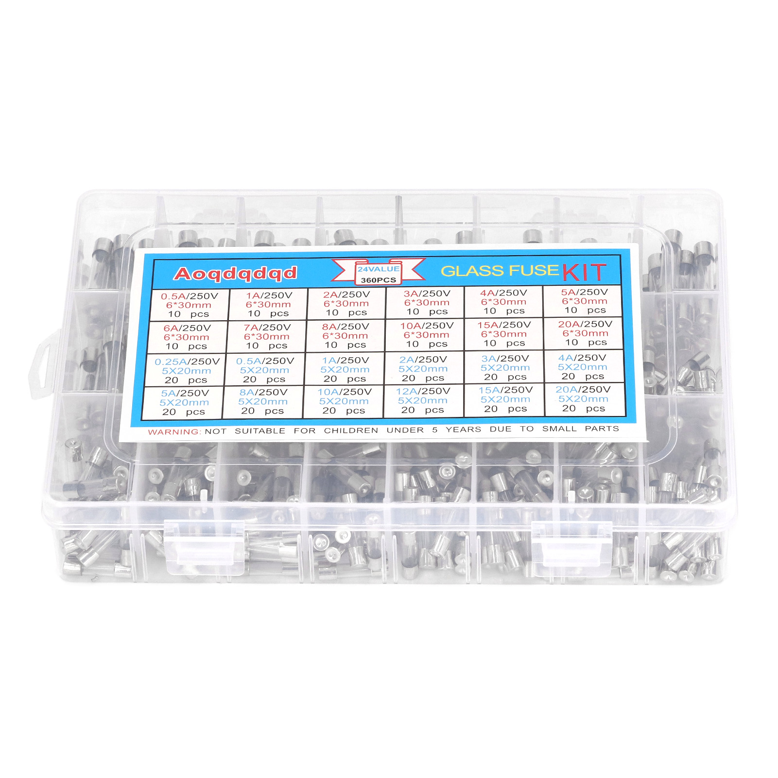 360-teiliges Glassicherungsset, 0,25 A–20 A, 24 Typen, 6 X 30 Mm Und 5 X 20 Mm, Gemischtes Set Für Den Schaltungsschutz