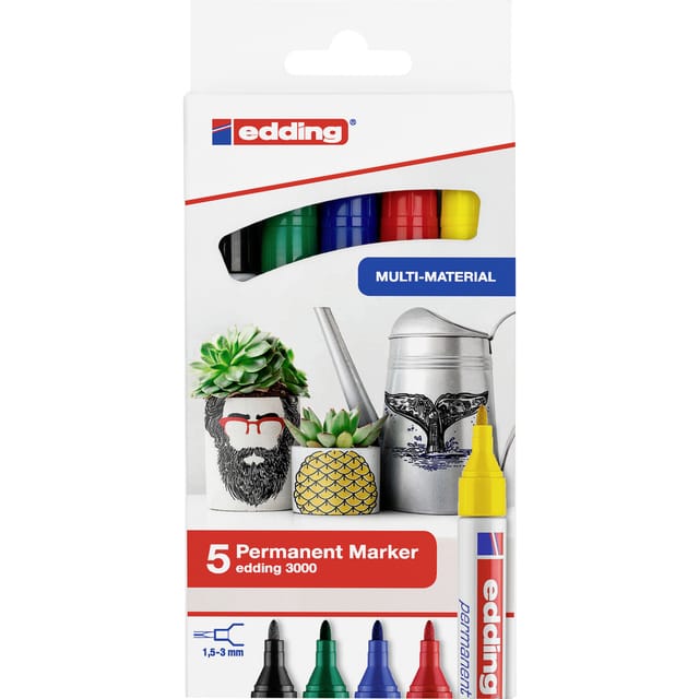 Edding - 3000 4-3000-5 Permanentmarker Schwarz, Blau, Rot, Grün, Gelb wasserfest: Ja