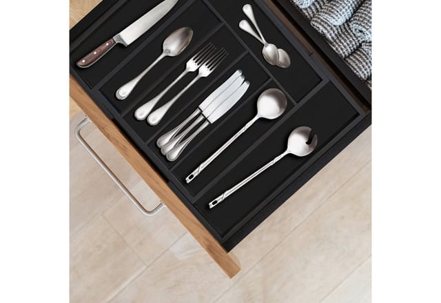 Besteckkasten Bambus, ausziehbar, 7 Fächer, Besteck & Küchenutensilien, hbt 5,5 x 31,5 - 48,5 x 37 cm, schwarz - Relaxdays