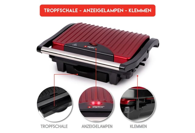 Kontaktgrill 1000W Optigrill Elektrogrill Tischgrill 2 Grillplatten - Alpina
