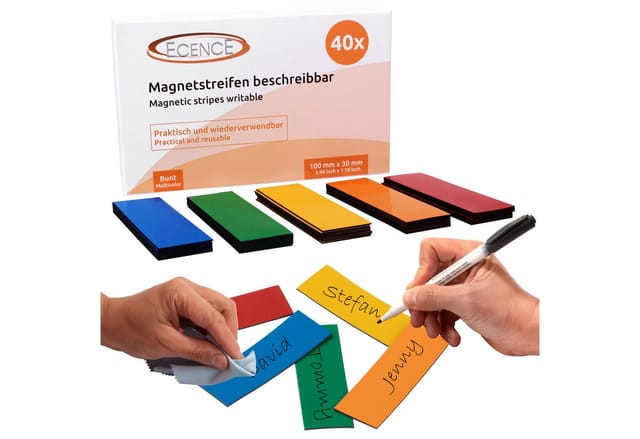 Ecence - 40 Magnetstreifen beschreibbar Etiketten Magnete Schilder bunt 100mmx30mm