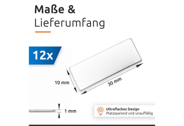 Ecence - Neodym Klebe-Magnete 12 Stck. selbstklebend Quader klein 30x10x1mm Rechteckig