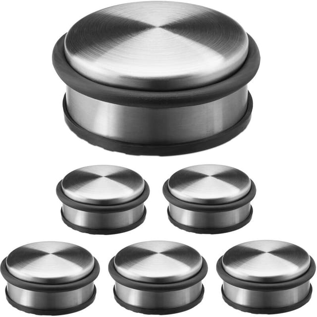 6x Türstopper, Türpuffer, Türdämpfer, Edelstahl, flach, schwere Türen, Gummi-Schutz, HBT: ca. 4,5 x 10 x 10 cm, silber