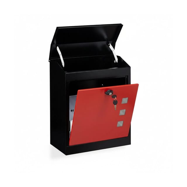 Relaxdays - Briefkasten groß, Stahl, Sicherheits-Klappe, Schloss, HxBxT: 53 x 43,5 x 26 cm, Wandbriefkasten, Schwarz-Rot