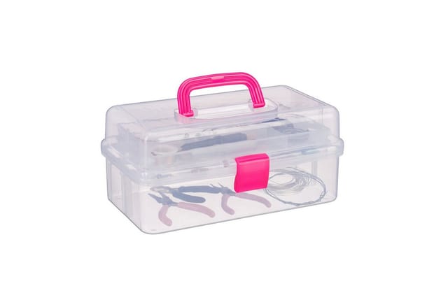 Aufbewahrungsbox 9 Fächer, Sortierbox Bastelmaterial, Künstlerbedarf, hbt 14 x 33 x 19,5 cm, transparent-pink - Relaxdays