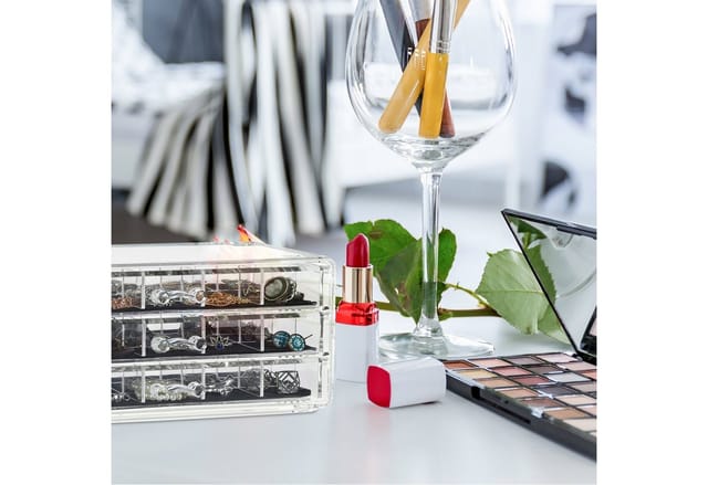 Relaxdays - Make Up Organizer Acryl, Schmuckkasten mit 3 Schubladen, Kosmetikaufbewahrung mit Fächer-Einsatz, transparent