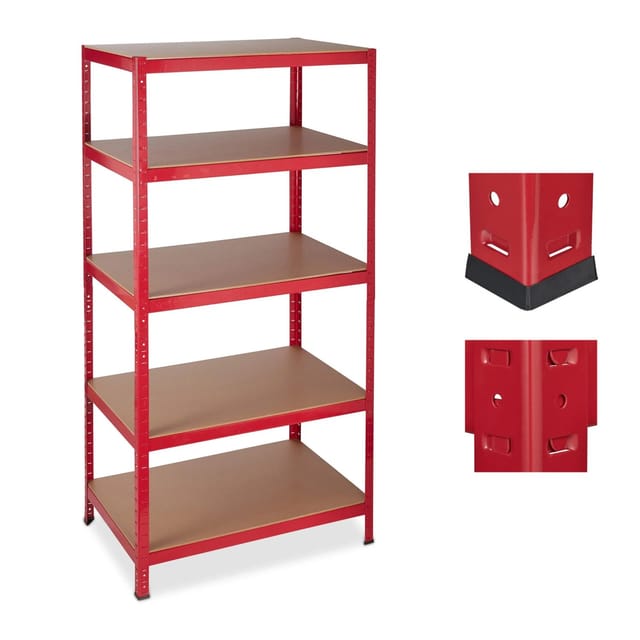 Schwerlastregal, 5 Ebenen, Traglast 1325 kg, Steckregal Keller, Garage, Werkstatt, 180x90x60, Metall/MDF, rot - Relaxdays