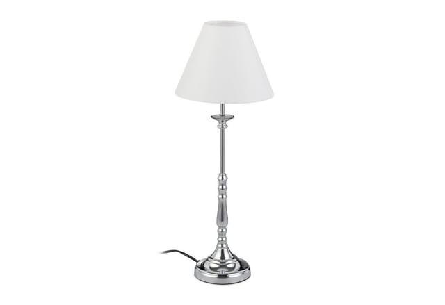 Tischlampe Vintage, Stoff Lampenschirm, spiegelnd verchromt, Dekolampe, E14, h x d 55 x 21 cm, silber/weiß - Relaxdays