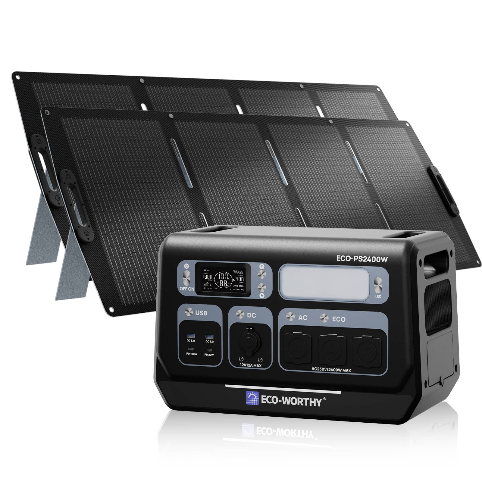 Eco-worthy 2400w(spitze 4800w) 2048wh Portable Power Station Mit 2x200w Faltbares Solarpanel, Tragbares Powerstation Solar Generator Bundle Für Wohnmobil, Home Backup, Camping, Van Life