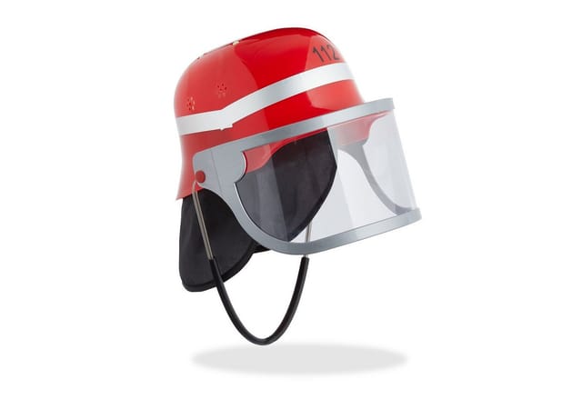 Relaxdays - Feuerwehrhelm Kinder, mit Visier, Nackentuch & Kinnriemen, verstellbarer Kopfumfang, Feuerwehrmann Helm, rot