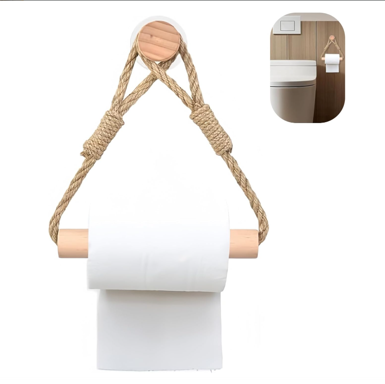 Selbstklebender Toilettenpapierhalter Aus Hanfseil Und Holz – Toilettenpapierhalter Im Retro-industrie-stil Für Das Badezimmer (kein Bohren Erforderlich)