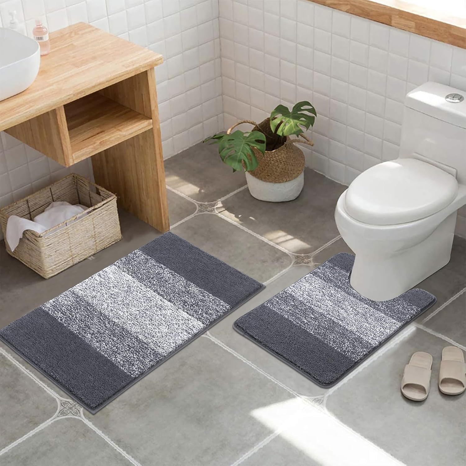Ultraweicher Wc-sitzbezug, U-förmige Antirutschmatte, Maschinenwaschbare Badematte, Dicke Und Hoch Saugfähige Duschmatte (50 X 60 Cm U-förmig + 50 X 80 Cm, Grau)