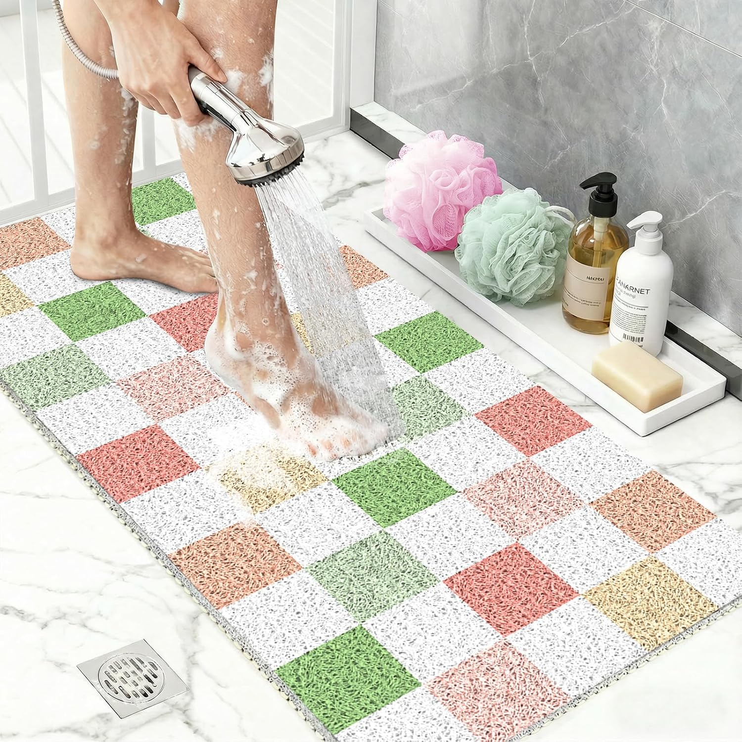 Rutschfeste Badematte, 50 X 80 Cm, Mit Abflusslöchern Und Duschmatte Im Luffa-stil Weiche Und Farbenfrohe Karierte Textur.