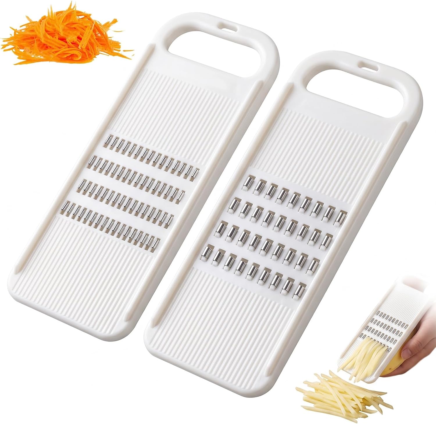 Set Aus 2 Küchenmandolinen Für Julienne-gemüse, Karottenreibe Und Manuellem Gemüseschneider Mit 3-mm- Und 5-mm-klingen Für Gurken, Kartoffeln Und Karotten, Weiß