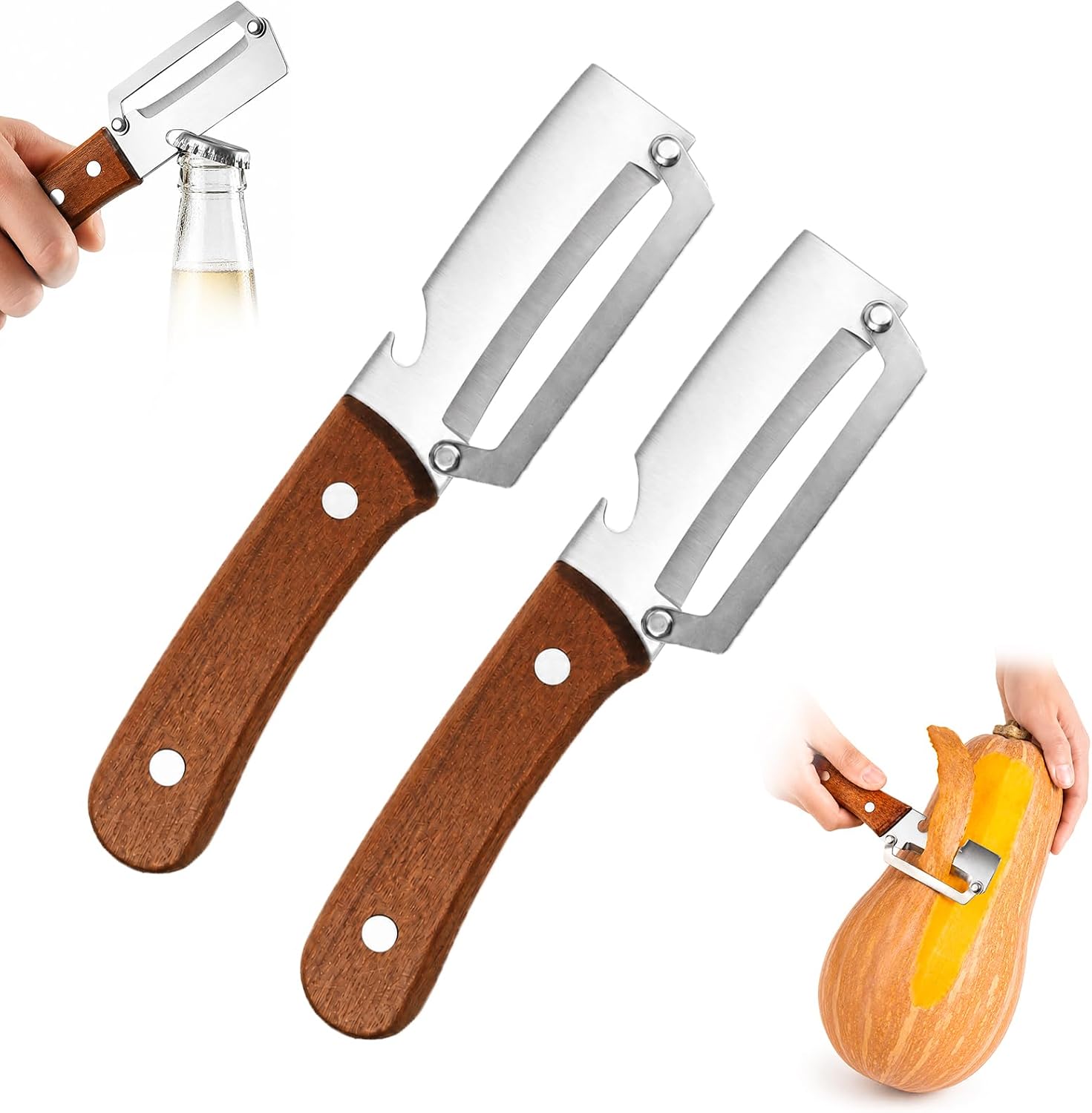 2-teiliger Multifunktionaler Gemüseschäler, 2-in-1-schäler Mit Ultrascharfer Edelstahlklinge Und Ergonomischem Holzgriff, Schält Mühelos Kartoffeln, Äpfel, Karotten Und