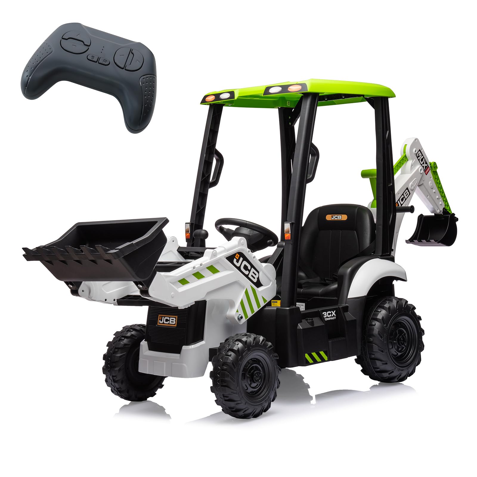 Garvee Kinder Elektro Traktor Mit Fernsteuerung, 4-in-1 Bagger Mit Schaufel & Abnehmbarem Dach, 2-4 Km/h Elektrofahrzeug Mit 25w Motor, Geschenk Für Kinder Ab 3 Jahren,weißgrün