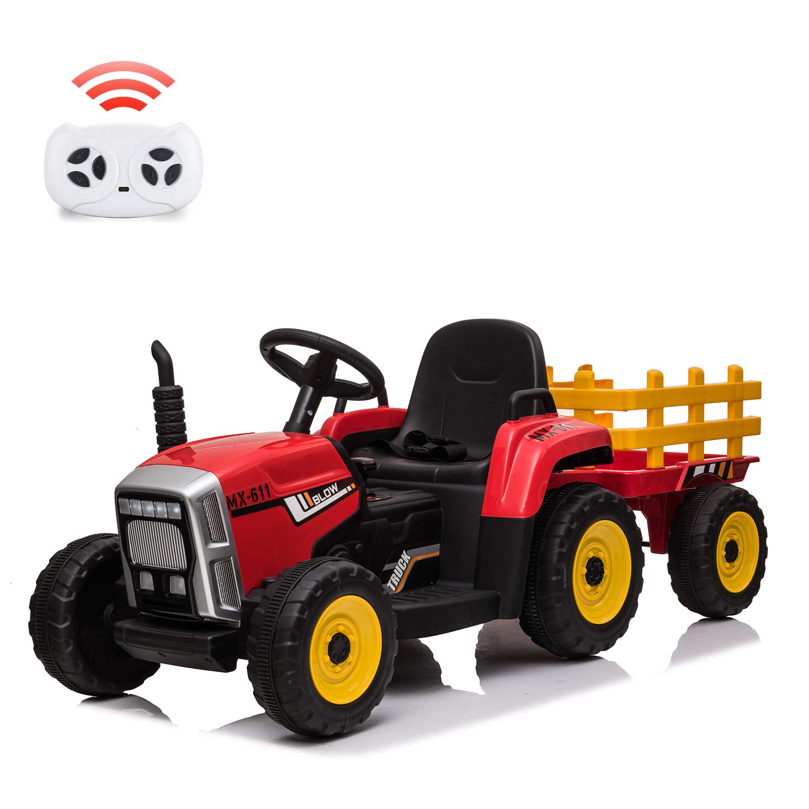 Garvee Elektro-traktor Für Kinder Mit Anhänger, 12v Kinderfahrzeug Mit Fernbedienung, Musik & Led Scheinwerfer, Kinder Elektroauto Ab 3 Jahre Für Jungen Und Mädchen, Rot