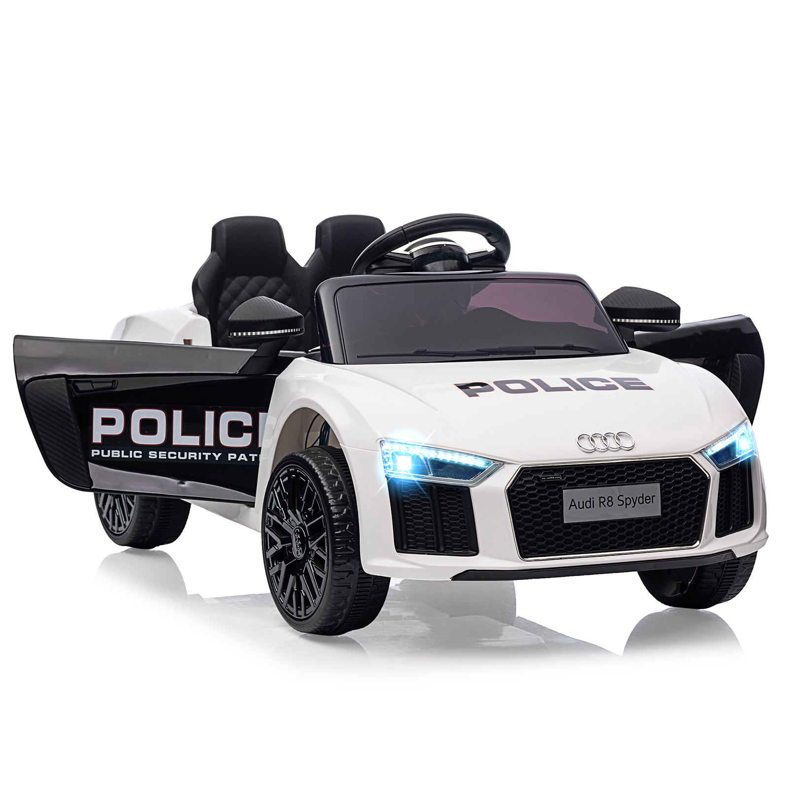 Garvee Kinder Elektroauto Audi R8 Spyder 12v Lizenziert, 2.4g Fernsteuerung, 2x Motor, Led Scheinwerfer, Musik & Hupe, Safety Gurt & Federung, Für 3-8 Jahre, Weiß/schwarz Polizei