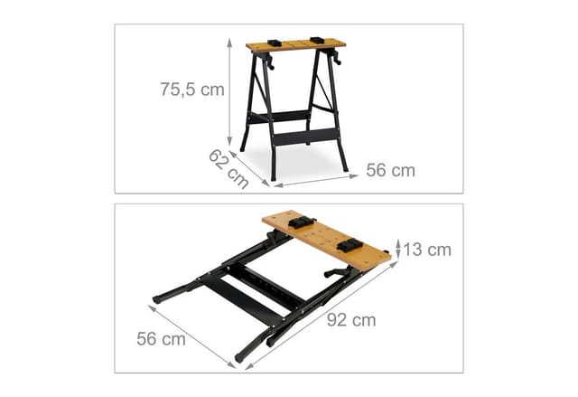 Werkbank klappbar, bis 100 kg, verstellbarer Arbeitstisch, 4 Spannbacken, hbt 75,5 x 56 x 62 cm, natur/schwarz - Relaxdays