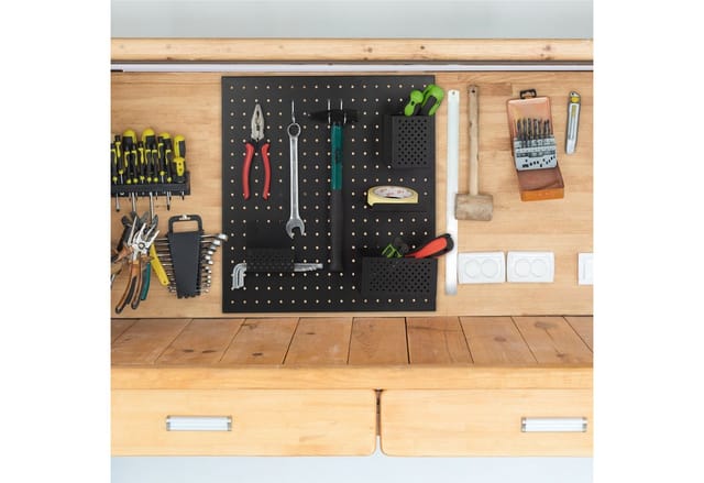 Werkzeugwand, Metall Lochwand, HxB 45 x 45 cm, 9-teiliges Werkzeughalter Set, Werkstattordnungssystem, schwarz - Relaxdays