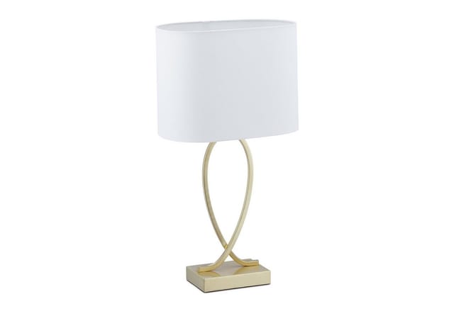 Relaxdays Tischlampe, Nachttischlampe mit Stoffschirm, HxBxT: 51 x 28 x 18 cm, E27, Tischleuchte Wohnzimmer, gold/weiß