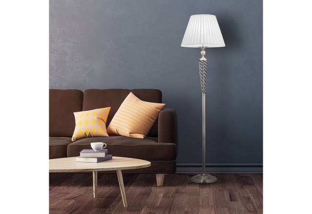 Stehlampe antik, Stoffschirm, dekorativer Metallfuß, E27, Standleuchte Wohnzimmer, HxD: 157x42cm, silber/weiß - Relaxdays