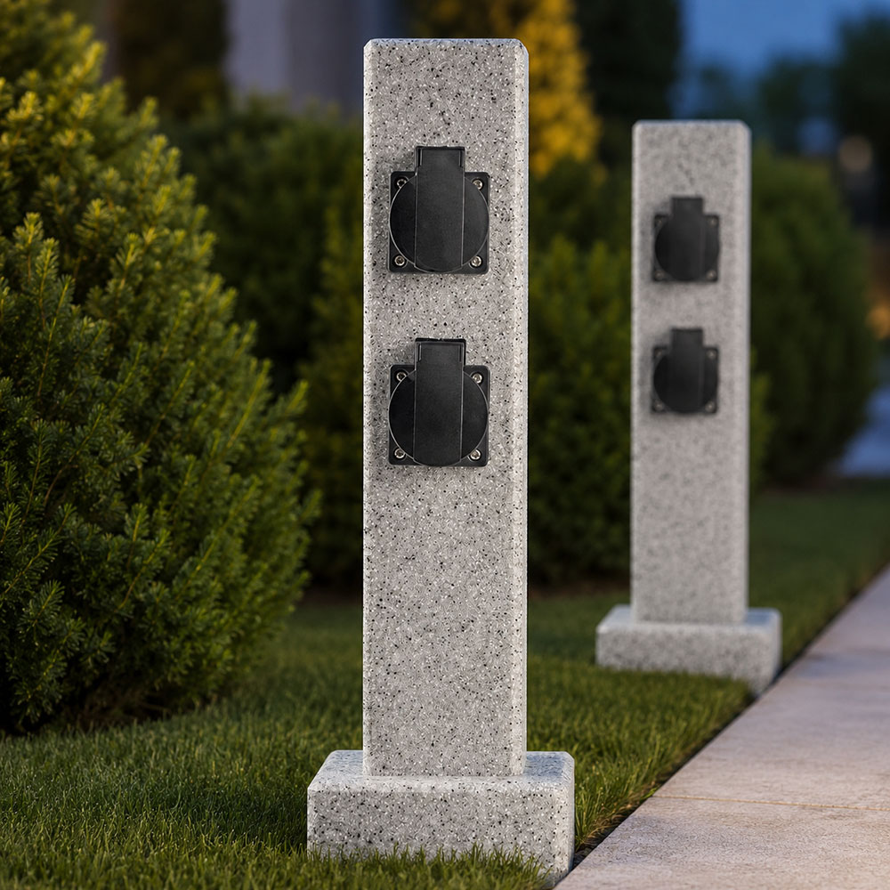 Steckdosensäule 4-fach Verteilersteckdose Garten Außenbereich Steinoptik Grau H 40,5 Cm Ip44 2er Set