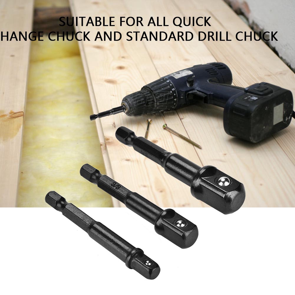 3-teiliger Schwarzer Steckschlüsseladapter 1/4"-sechskantschaft Auf 1/4", 3/8" Und 1/2"-vierkantkopf-bohrer-schraubendreher
