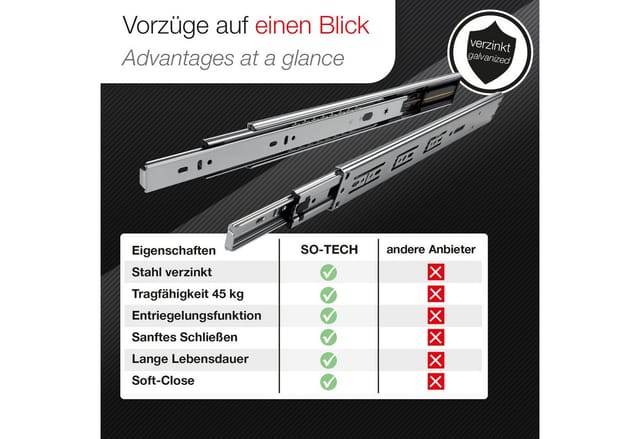 Vollauszug belastbar bis 45 kg Länge 450 mm mit Softclose Teleskopauszug Schubladenauszug KV1 von JUNKER
