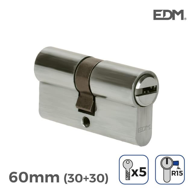 Nickelzylinder 60 mm (30 + 30 mm) langer Nocken R15 mit 5 Sicherheitsschlüsseln inklusive EDM