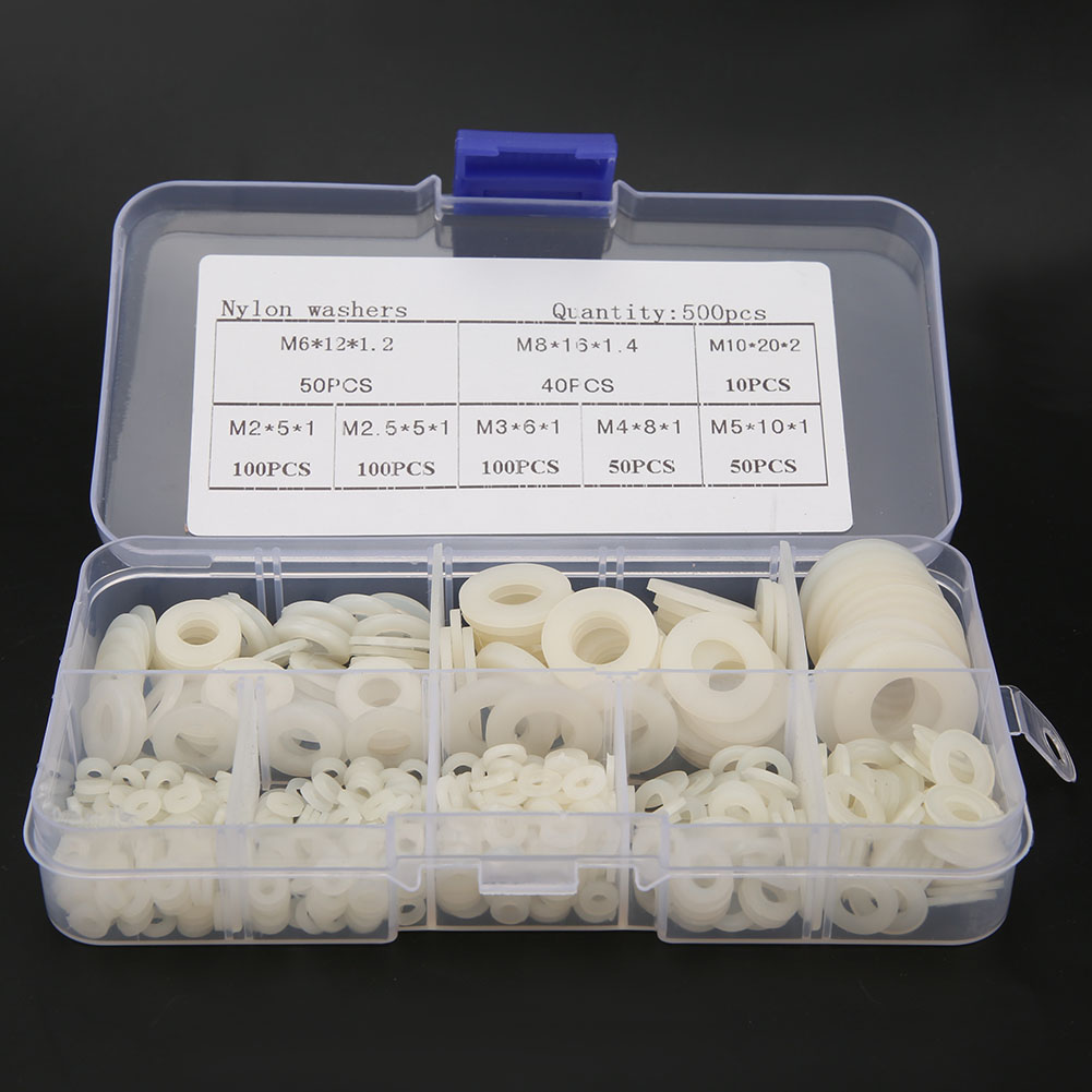 500 Stück/box Nylon-unterlegscheiben-set M2 M2,5 M3 M4 M5 M6 M8 M10 Befestigungselemente Zubehör Weiß