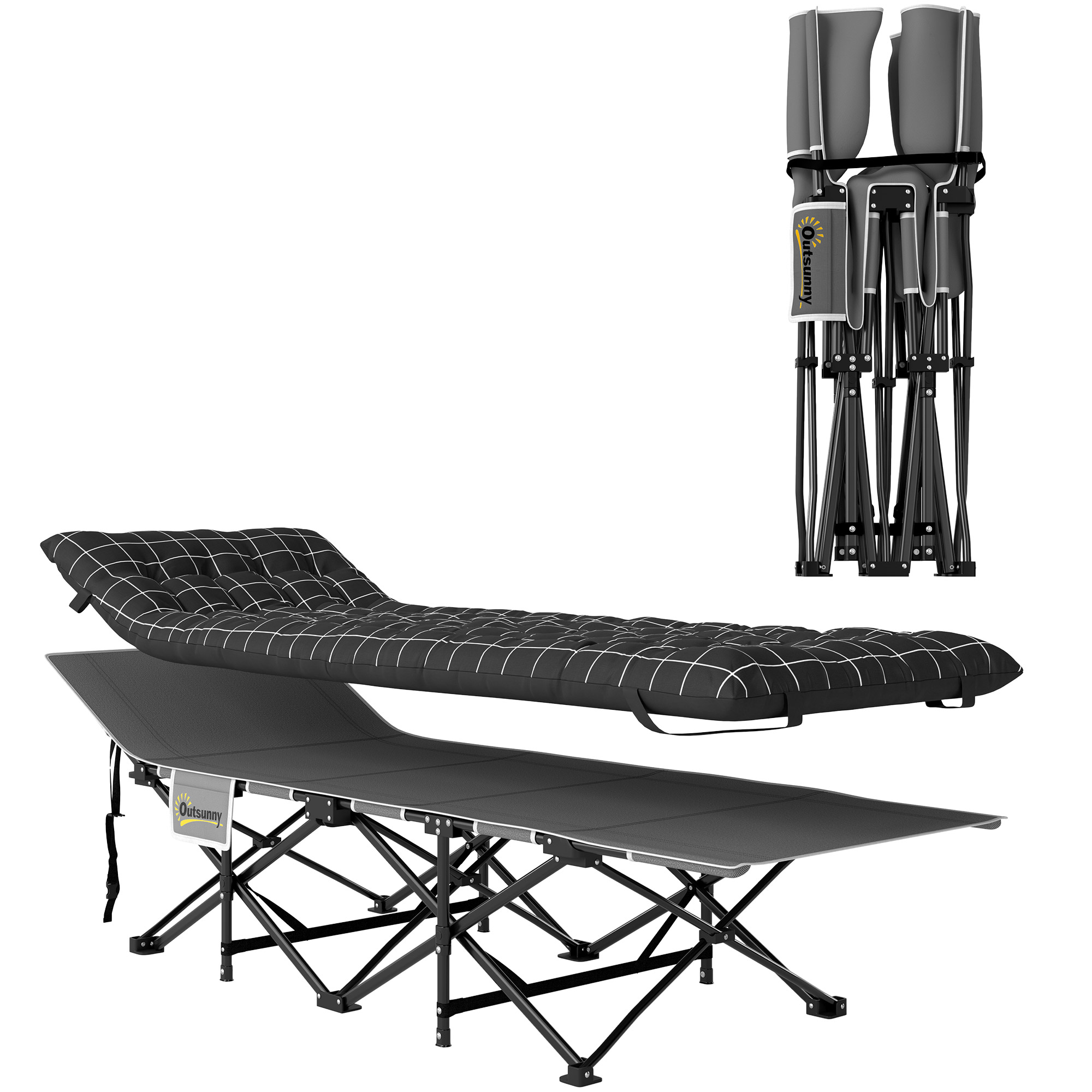 Klappbares Campingbett, Feldbett Mit Matratze, Ergonomisch, Metallrahmen, Schwarz