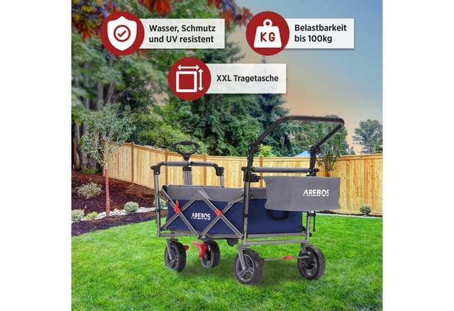 Arebos - Bollerwagen Premium faltbar mit Dach Handwagen Faltwagen Transportwagen klappbar bis 100 kg Tragkraft Vorder und Hinter Bremse Inklusive