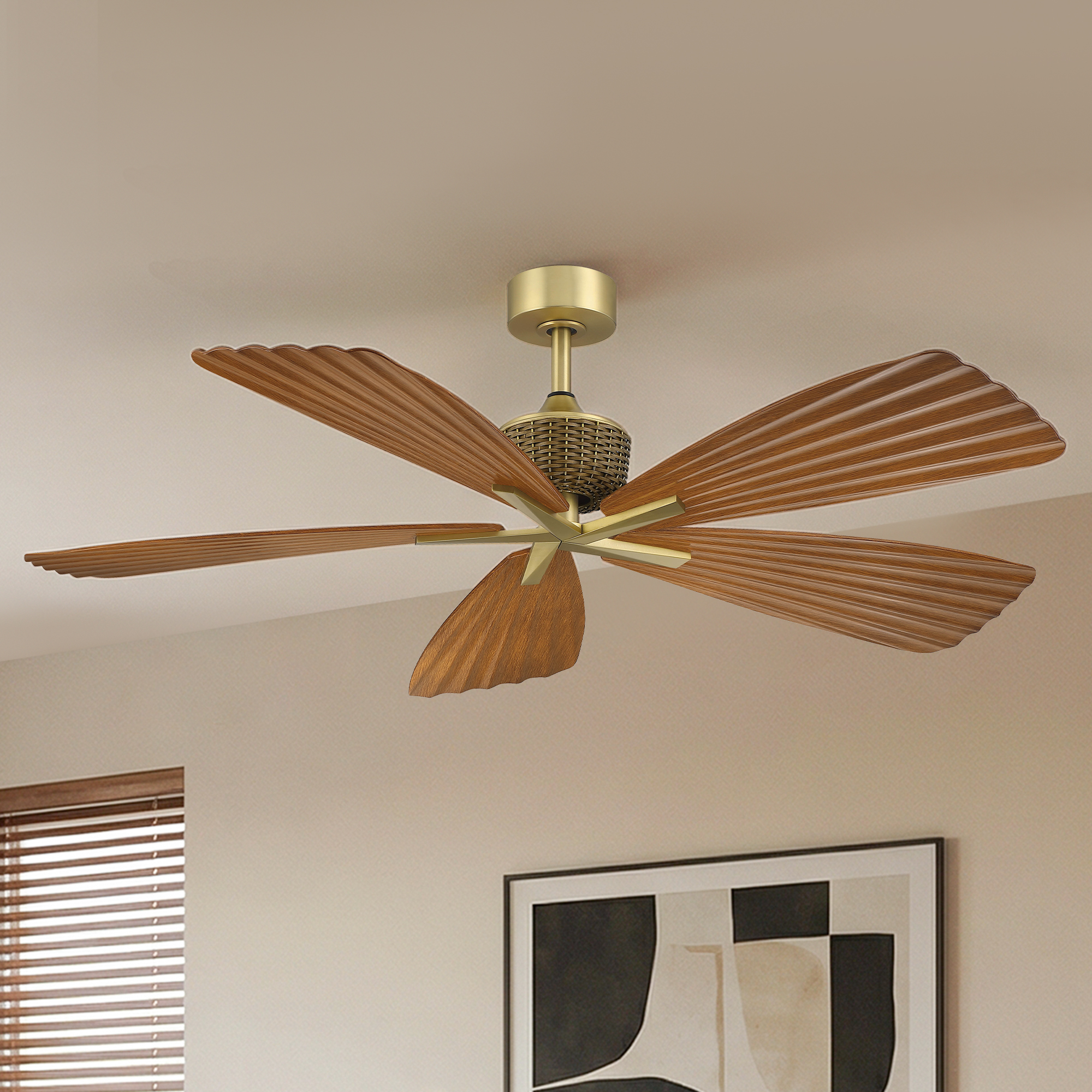 Parrot Uncle Deckenventilator Ohne Licht 142 Cm, 5 Flügel Palmenblatt-design, Koa-holzoptik, Leiser Dc-motor, Fernbedienung, Timer, Sommer-/winterbetrieb