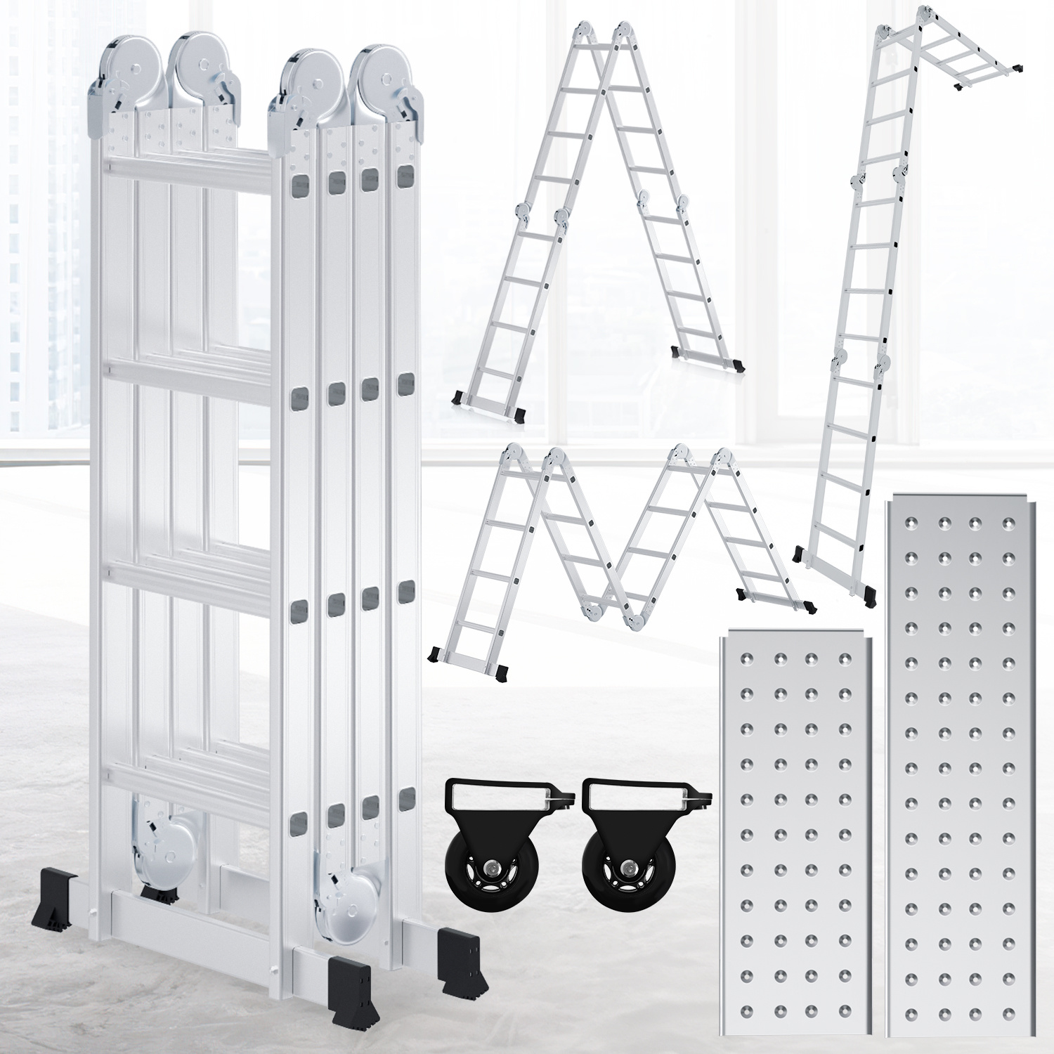 Randaco 7in1 Mehrzweckleiter 4x4 Stufen Aus Aluminium, Ca. 470cm / 4.7m, Multifunktions-gelenkleiter Mit 2 Plattformen & 2 Rollen, Max. Belastbarkeit 150 Kg