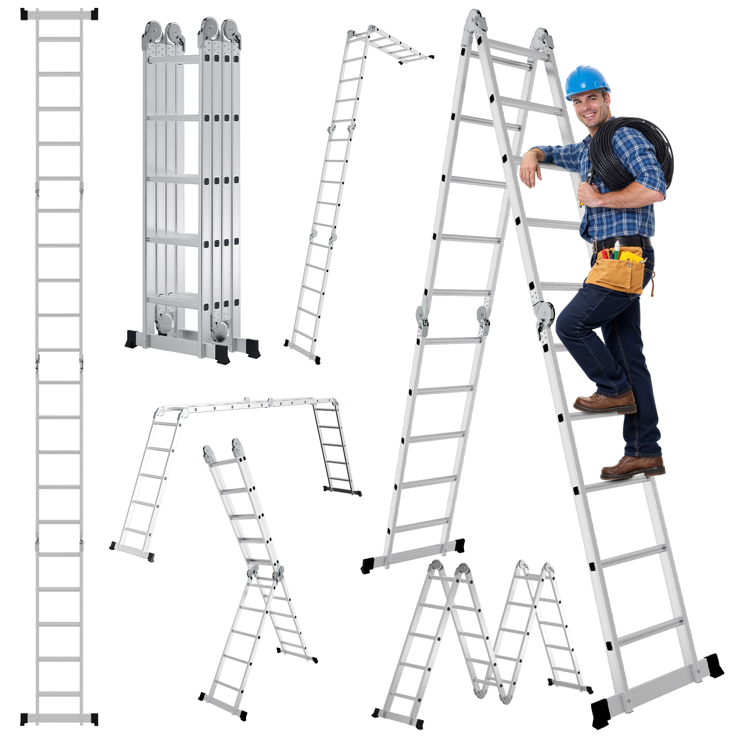 Randaco Mehrzweckleiter Multifunktionsleiter 7in1 4x5 Stufen, Ca. 580cm / 5.8m, Alu Gelenkleiter Klappbar, Anlege- & Stehleiter, Max. Belastbarkeit 150 Kg