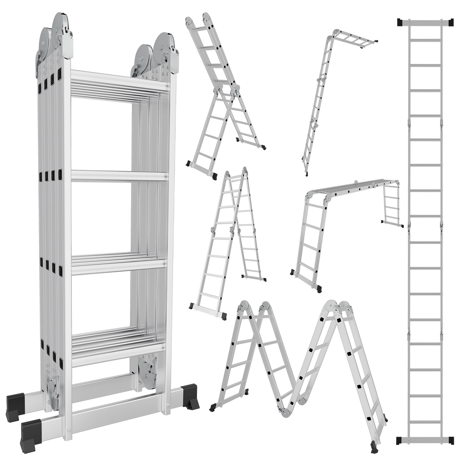 Randaco Mehrzweckleiter Multifunktionsleiter 7in1 4x4 Stufen, Ca. 470cm / 4.7m, Alu Gelenkleiter Mit 2 Plattformen, 2 Rollen, Max. Belastbarkeit 150 Kg