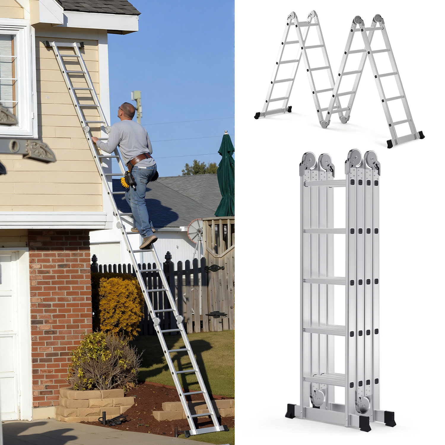 Randaco Mehrzweckleiter 7in1 Aluminium 4x5 Stufen, Ca. 580cm / 5.8m, Gelenkleiter Klappleiter Anlegeleiter Stehleiter, Max. Belastbarkeit 150 Kg, Silber