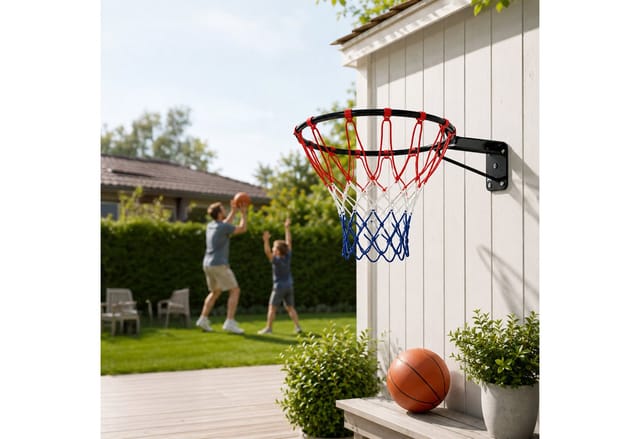 Relaxdays Basketballkorb Wandmontage, Inkl. Netz & Dübel, Outdoor Geeignet, Ø: 45 Cm, Basketballring Eisen, Schwarz