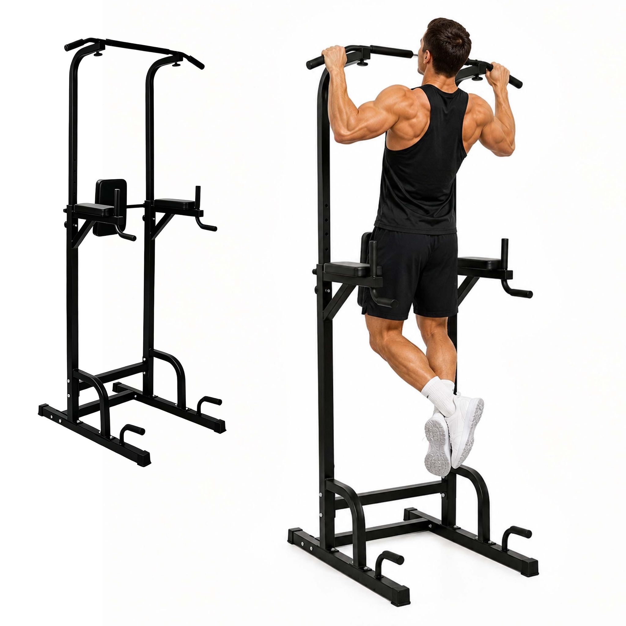 Relaxdays Power Tower, 160-230 Cm Höhenverstellbar, Bis 150 Kg, Klimmzugstange, Dipstation, Liegestützgriffe, Schwarz