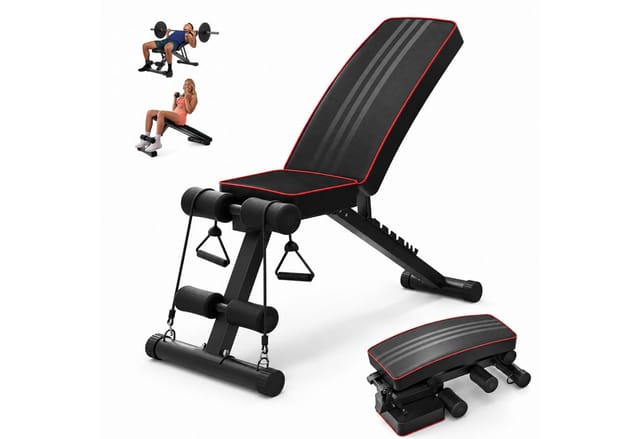 Relaxdays Hantelbank, Bis 150 Kg, Klappbar, Verstellbar, 2 Expander, 4 In 1 Workout, Home Gym Trainingsbank, Schwarz