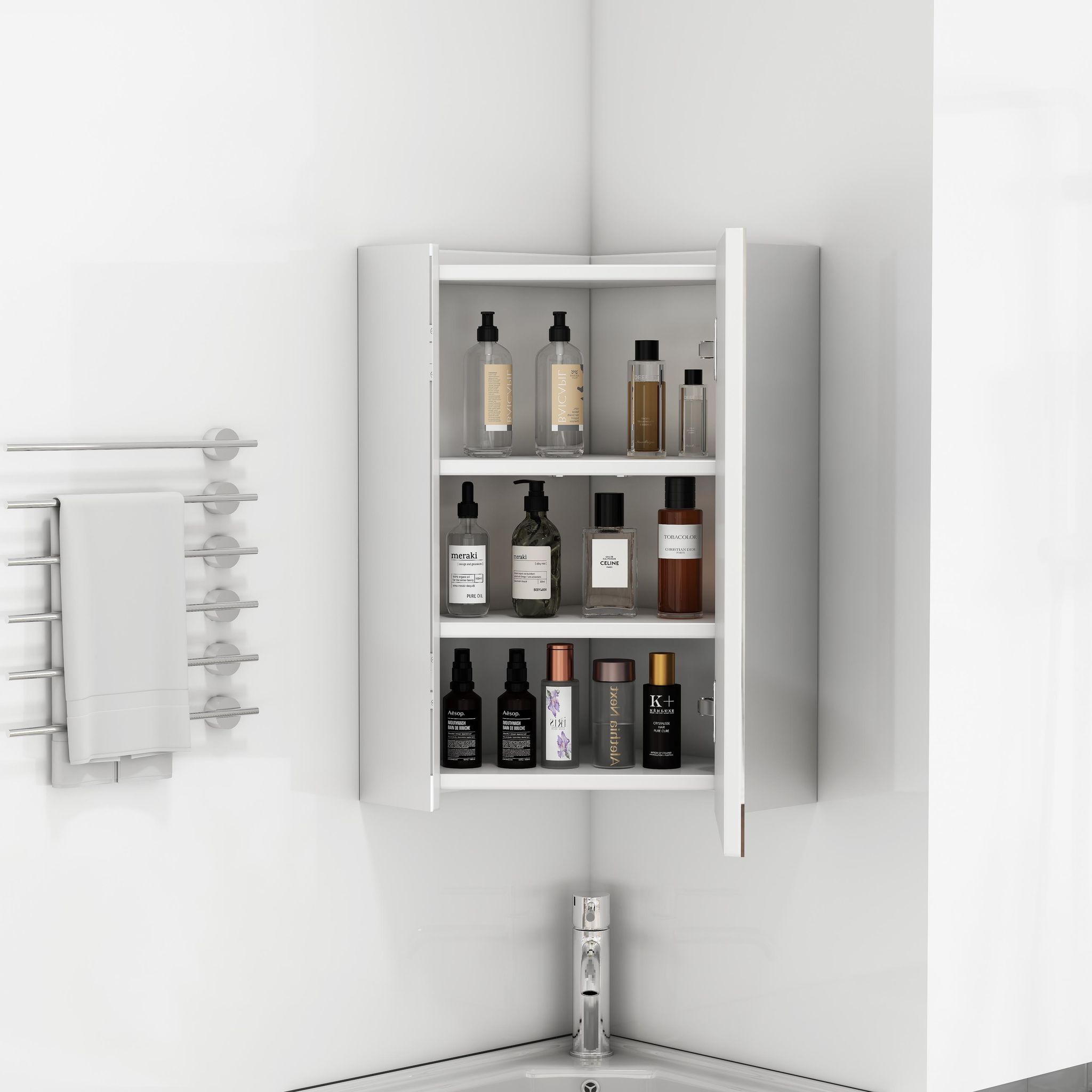 Eck-spiegelschrank Fürs Badezimmer Mit 3-seitigen Spiegeln - 32.5 X 32.5 X 55.6 Cm - Wandmontierter Platzsparender Badschrank Vormontiert - Mdf Und Glas - Weiß